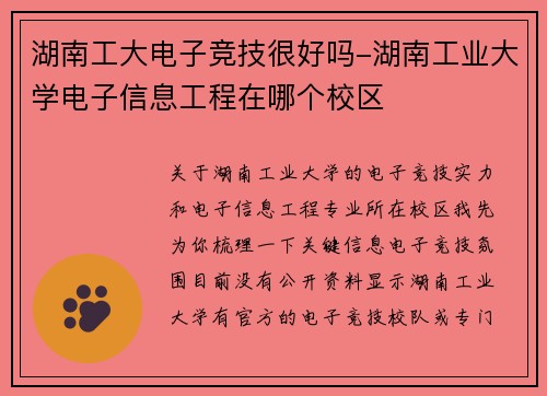 湖南工大电子竞技很好吗-湖南工业大学电子信息工程在哪个校区